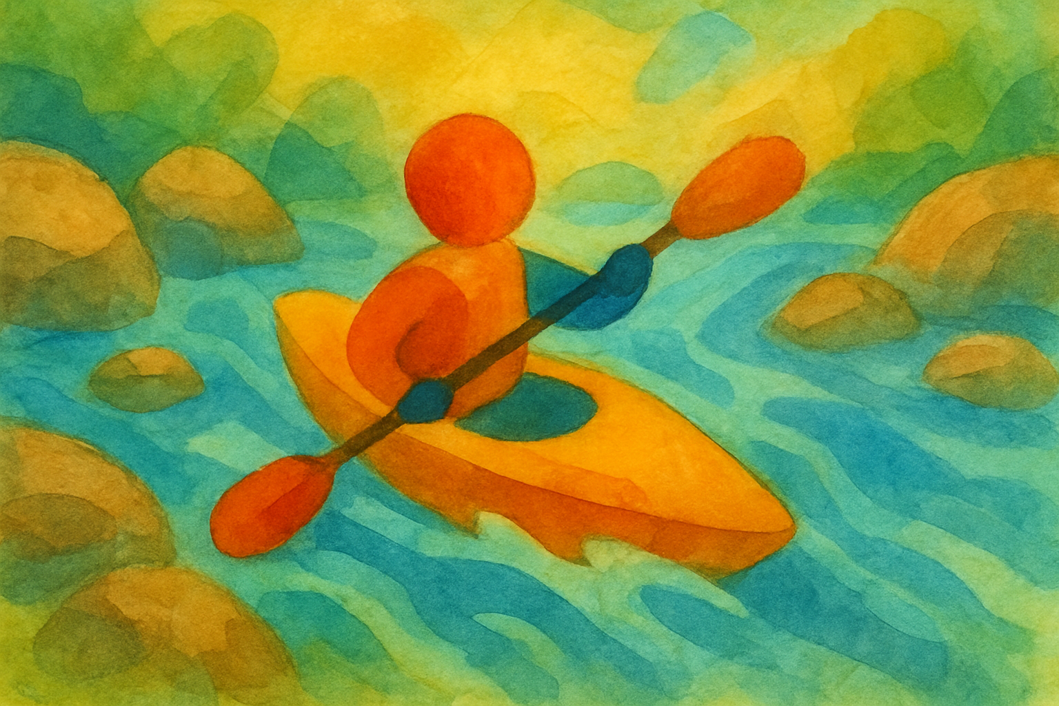 Watercolor illustration of a person in a kayak